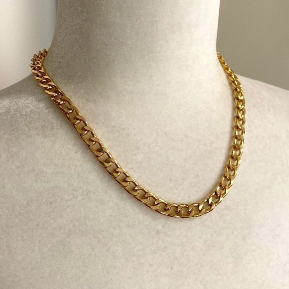 18KT Gold Plated Thick Chunky Curb Chain Link Statement Necklace Retro Classic - Picture 3 of 7